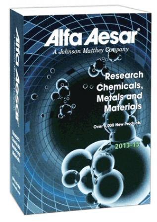 Nový katalog chemikálií  ALFA  AESAR  2013-15 Právě vyšel katalog Alfa Aesar 2013-15 s téměř 8000 novými produkty. Najdete v něm chemikálie, chemické prvky, katalyzátory, slitiny, biochemikálie a materiály; přičemž prvky a slitiny jsou uvedeny odděleně. Nově jsou všechny nebezpečné látky označeny piktogramy a větami podle GHS standardů. Detailní přehled literatury – katalogy, digitální katalogy, digitální brožury, letáky a přehledy nabízíme na webu. Veškeré další obchodní informace Vám rádi poskytneme na vyžádání. Věříme, že tento katalog Vám určitě pomůže při orientaci v aktuálním sortimentu, balení a ceně.
